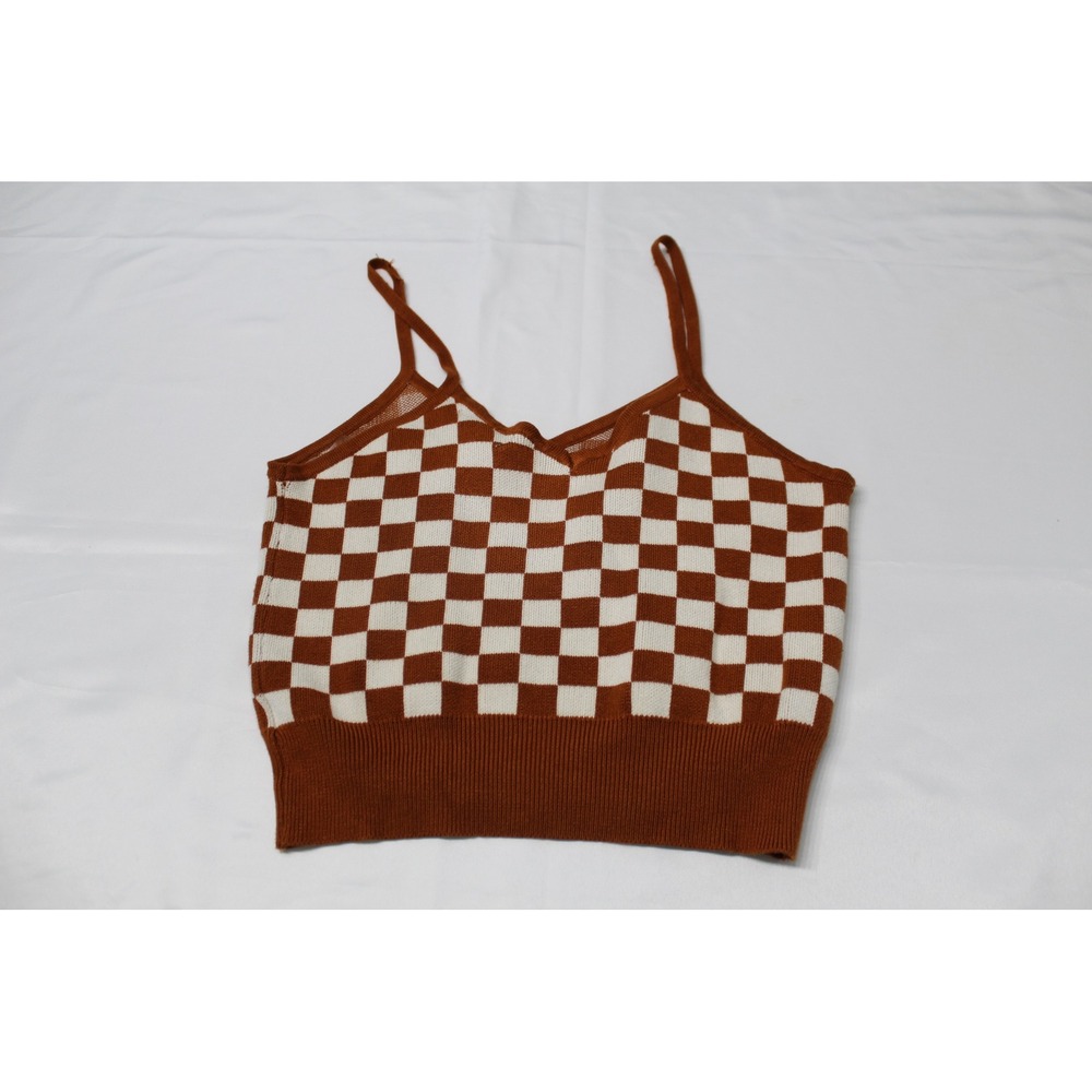 Say What? Women Rust Brown Checkered Knit Cami‎ Top V-Neck Size M - Picture 6 of 8